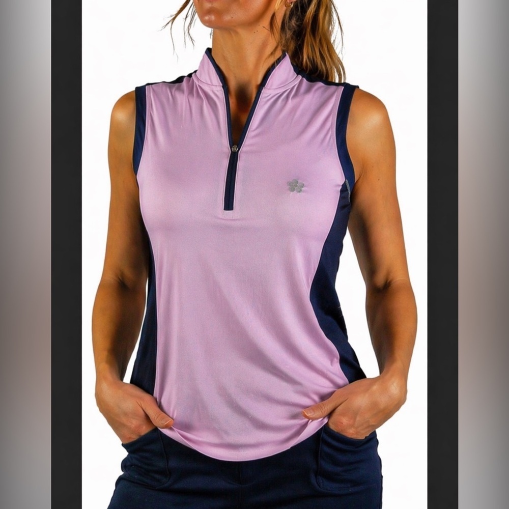 JoFit Womens Colorblock Mock Interval Sleeveless Golf Polo Pink/Navy XL Tennis